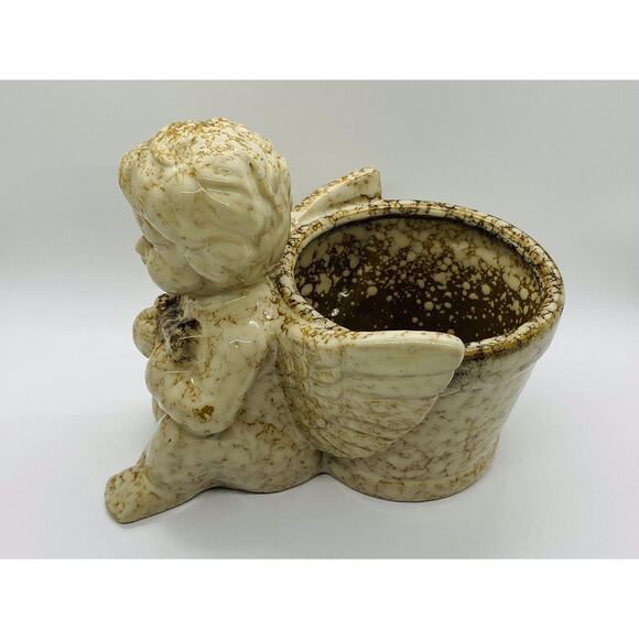Dimpled Stone Angel Planter With Harp And Wings Extended Around Flower Pot - Picture 4 of 11